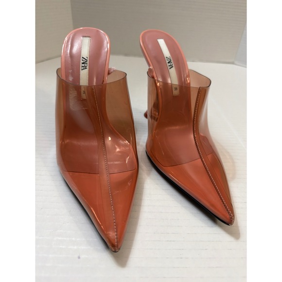 ZARA Clear Mule Heels Pink Stiletto Pointed Toe Shoes Women Size EUC 38 US 8 - Picture 4 of 8